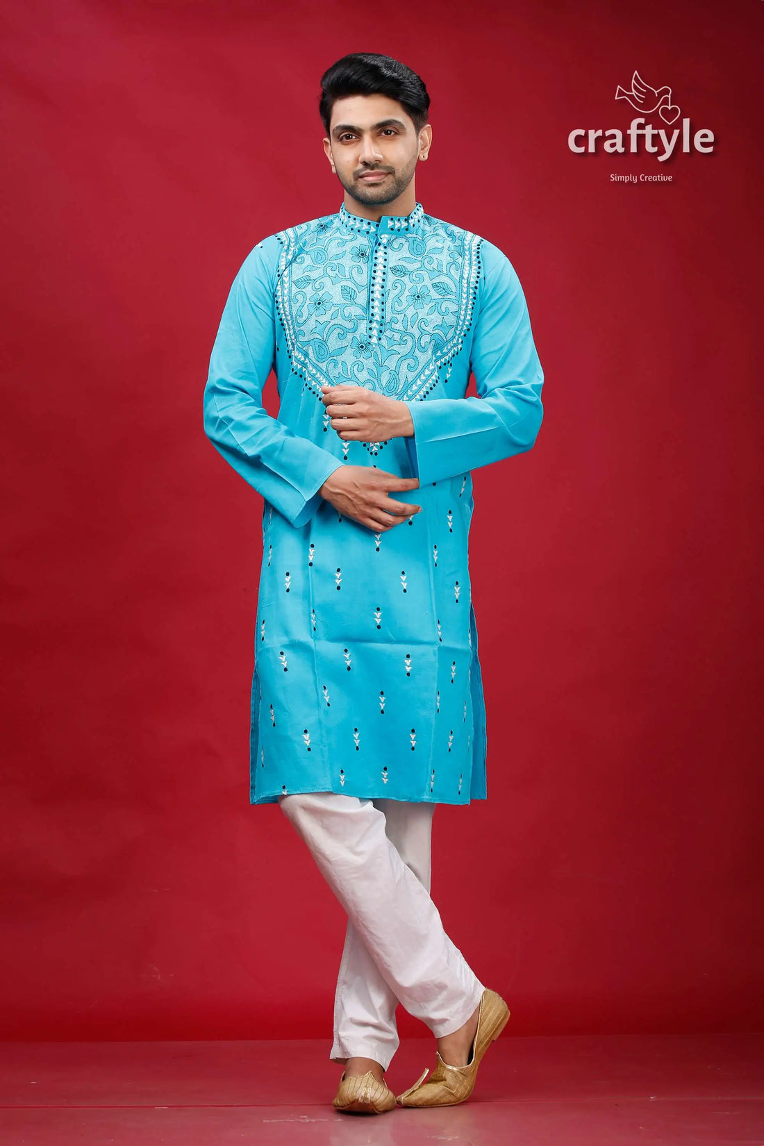 Sky blue kantha stitch cotton panjabi for men man’s embroidered blue kurta 1