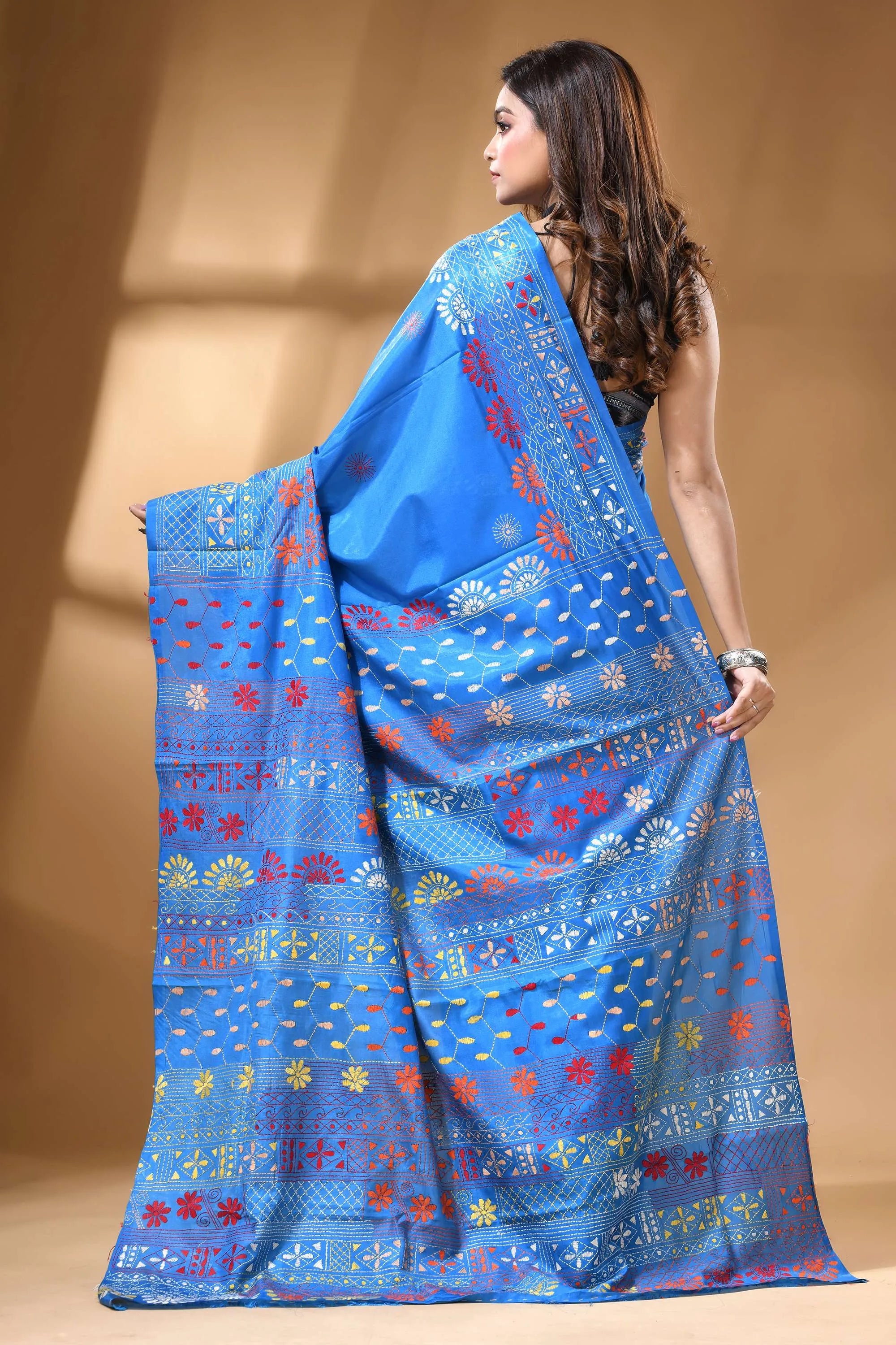 Sky blue multicolor ethnic handcrafted silk lambani embroidery saree vibrant blue saree adorned intricate 4