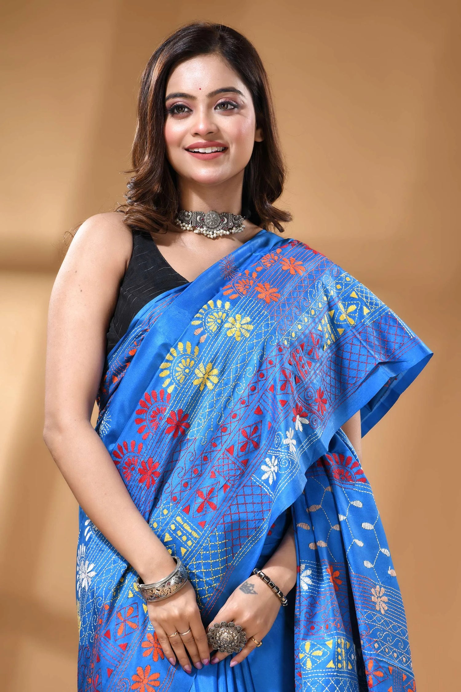 Sky blue multicolor ethnic handcrafted silk lambani embroidery saree vibrant blue saree adorned intricate 2