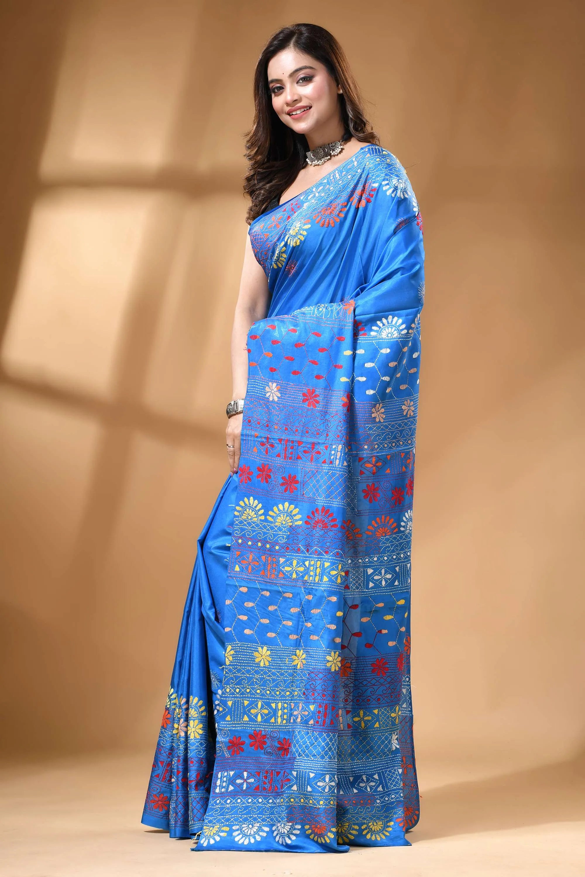Sky blue multicolor ethnic handcrafted silk lambani embroidery saree vibrant blue saree adorned intricate 3