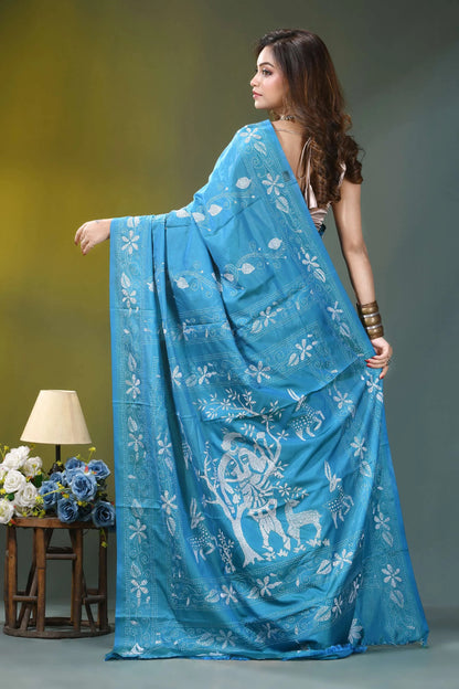 Sky blue nature theme artisanal silk kantha work saree vibrant turquoise blue saree intricate 4