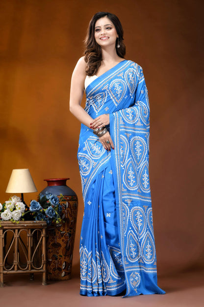 Sky blue paisley motif handcrafted kutch embroidered silk saree vibrant blue saree intricate white 8