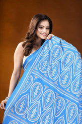 Sky blue paisley motif handcrafted kutch embroidered silk saree vibrant blue saree intricate white 2