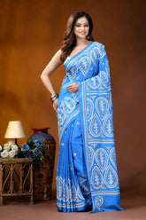 Sky blue paisley motif handcrafted kutch embroidered silk saree vibrant blue saree intricate white 1