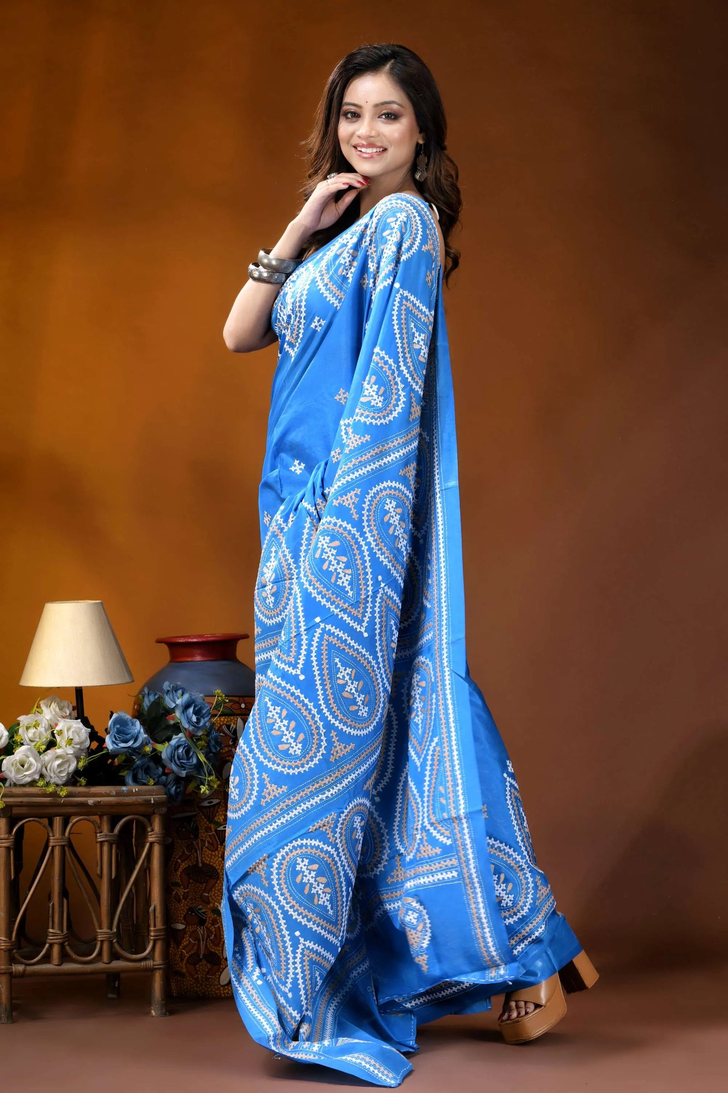 Sky blue paisley motif handcrafted kutch embroidered silk saree vibrant blue saree intricate white 7