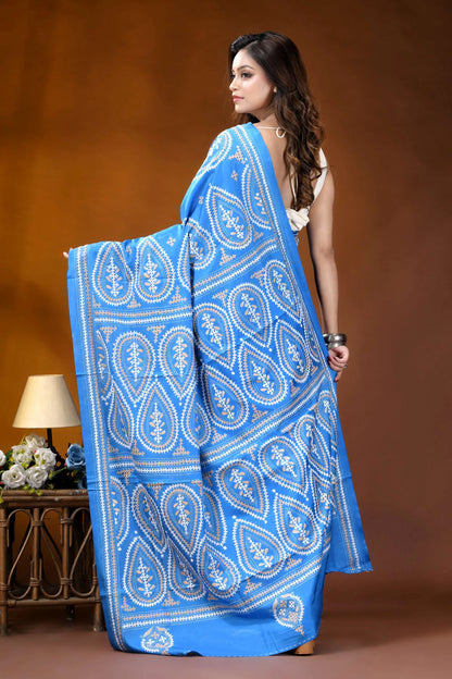 Sky blue paisley motif handcrafted kutch embroidered silk saree vibrant blue saree intricate white 6
