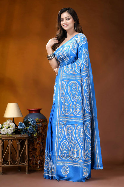 Sky blue paisley motif handcrafted kutch embroidered silk saree vibrant blue saree intricate white 3