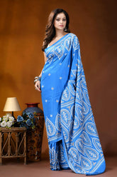 Sky blue paisley motif handcrafted kutch embroidered silk saree vibrant blue saree intricate white 4