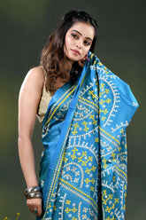 Sky blue silk gujrati stitch saree with hand embroidered ethnic motifs 2
