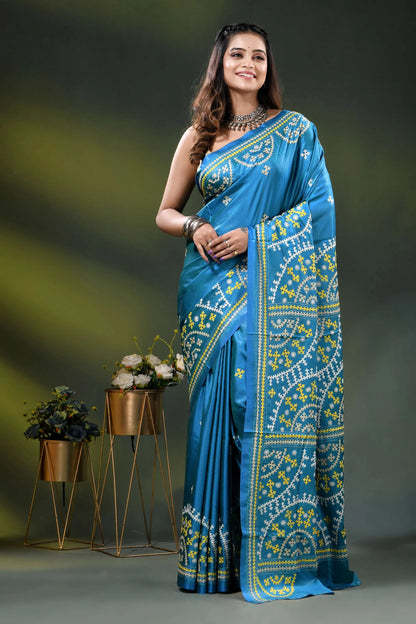Sky blue silk gujrati stitch saree with hand embroidered ethnic motifs 6