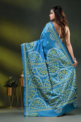 Sky blue silk gujrati stitch saree with hand embroidered ethnic motifs 4