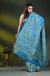 Sky blue silk gujrati stitch saree with hand embroidered ethnic motifs 5