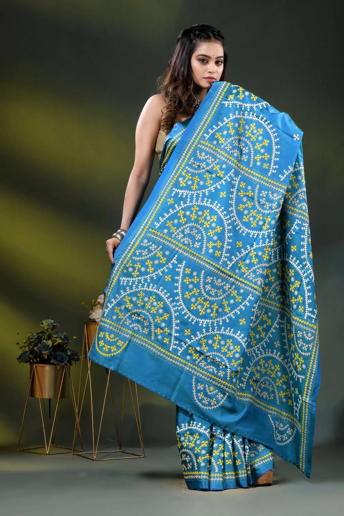 Sky blue silk gujrati stitch saree with hand embroidered ethnic motifs 5