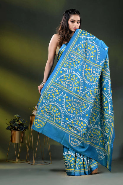 Sky blue silk gujrati stitch saree with hand embroidered ethnic motifs 5