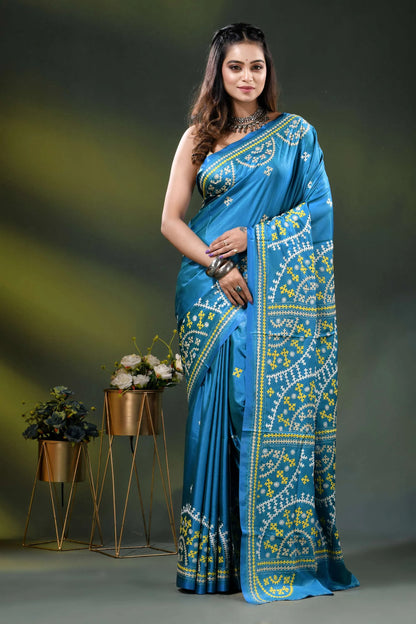 Sky blue silk gujrati stitch saree with hand embroidered ethnic motifs 1