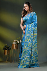 Sky blue silk gujrati stitch saree with hand embroidered ethnic motifs 3