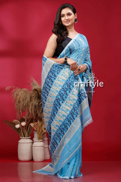 Sky Blue Soft Dhakai Jamdani Saree - Craftyle