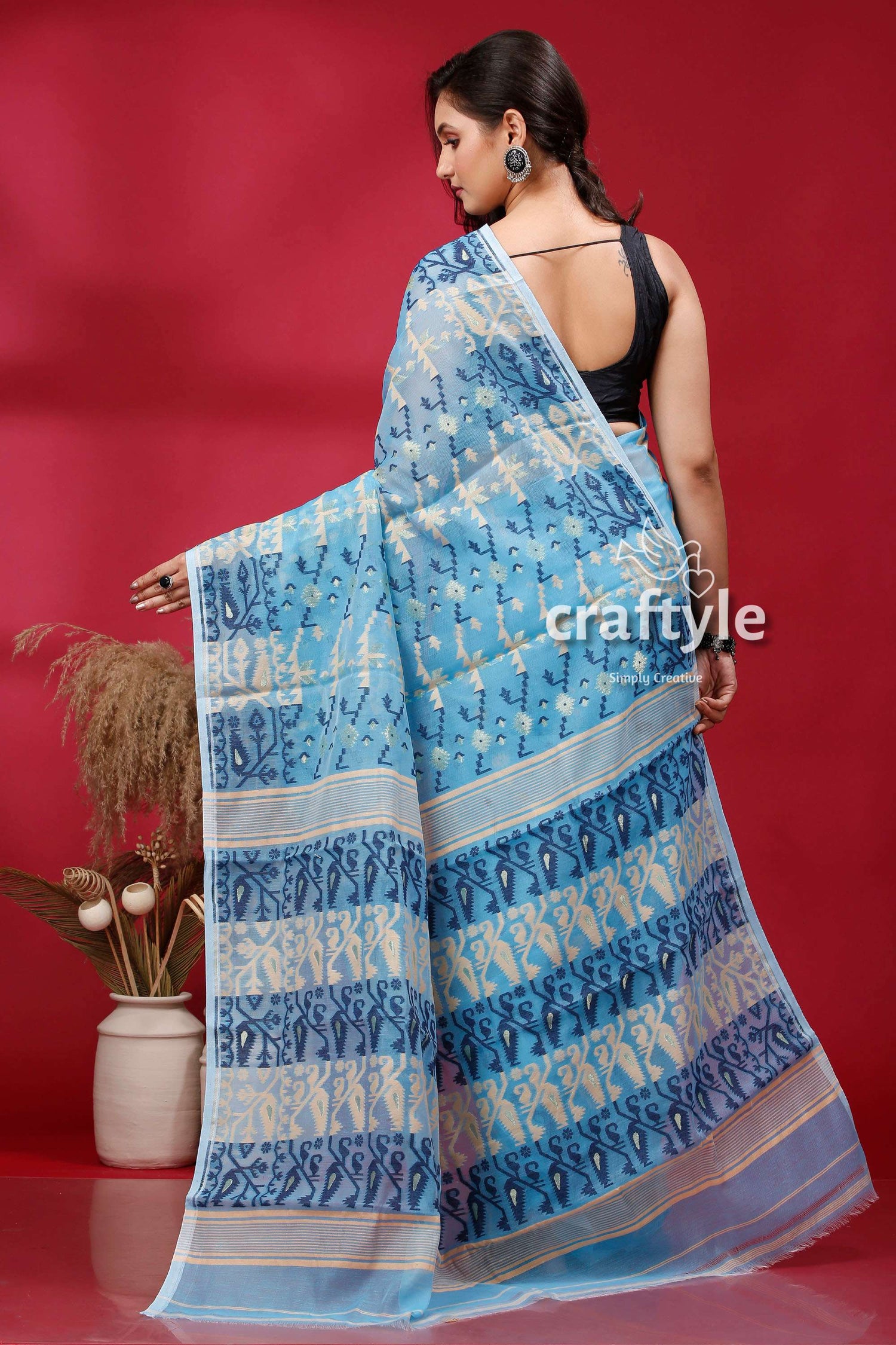 Sky Blue Soft Dhakai Jamdani Saree - Craftyle