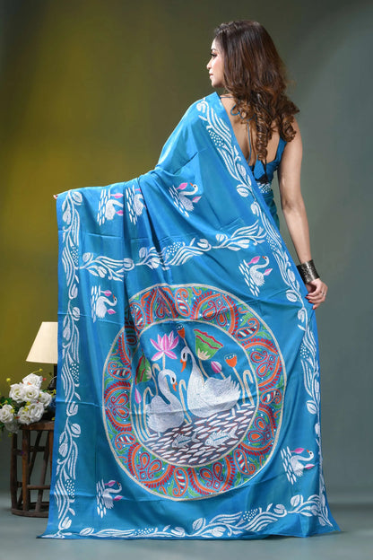 Sky blue swan motif hand embroidered silk kantha stitch saree vibrant blue silk saree adorned 5