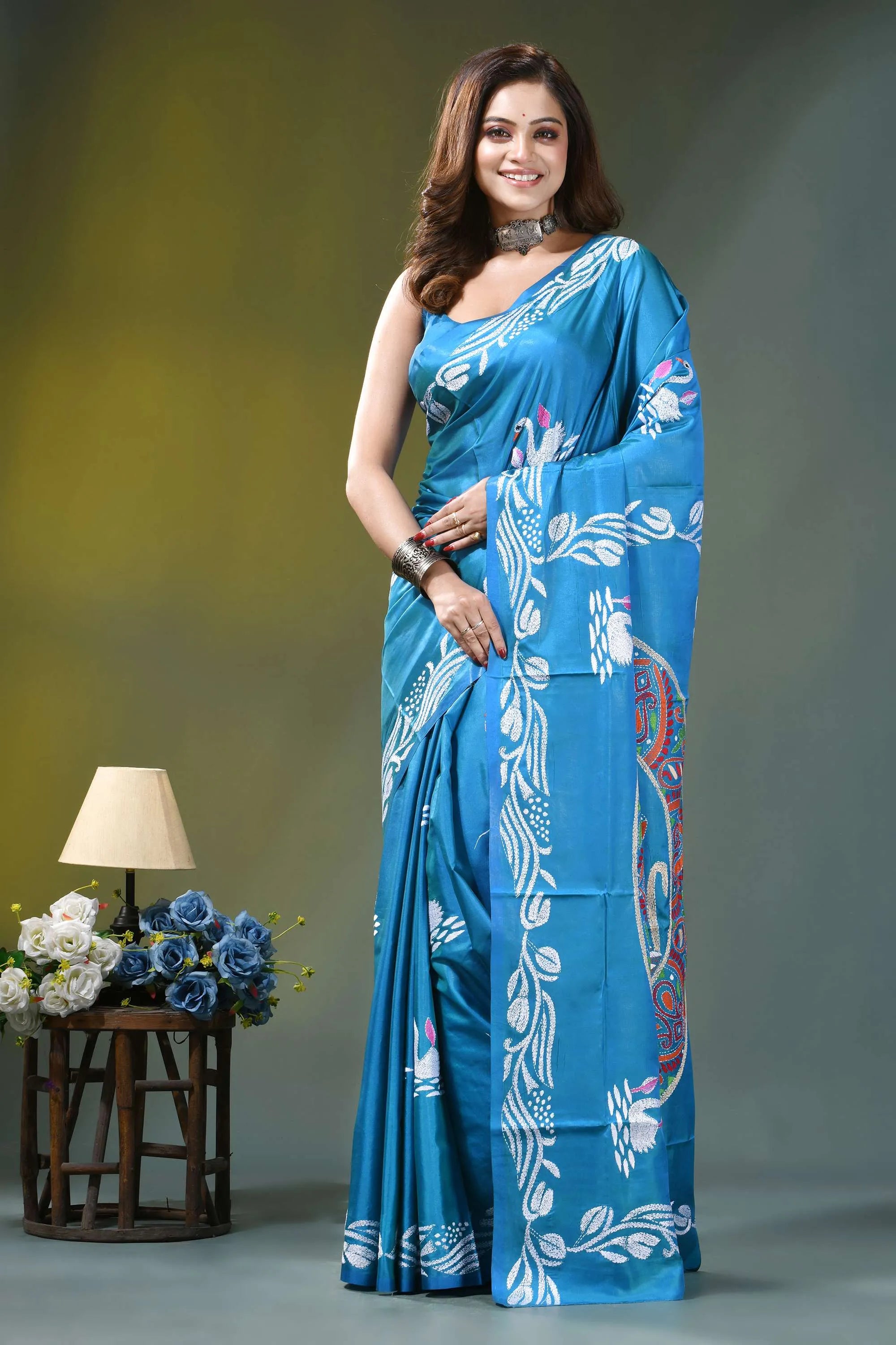 Sky blue swan motif hand embroidered silk kantha stitch saree vibrant blue saree intricate white 7