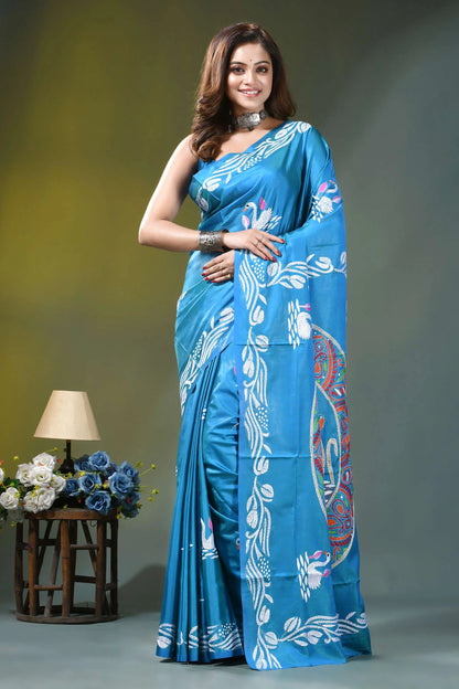 Sky blue swan motif hand embroidered silk kantha stitch saree vibrant blue silk saree adorned 1