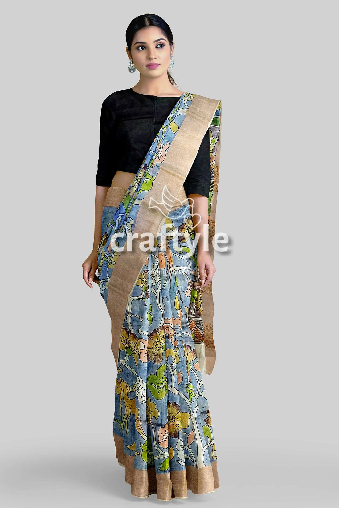 Sky blue tussar kalamkari saree with zari border - hand painted pure fabric woman patterned saree 1