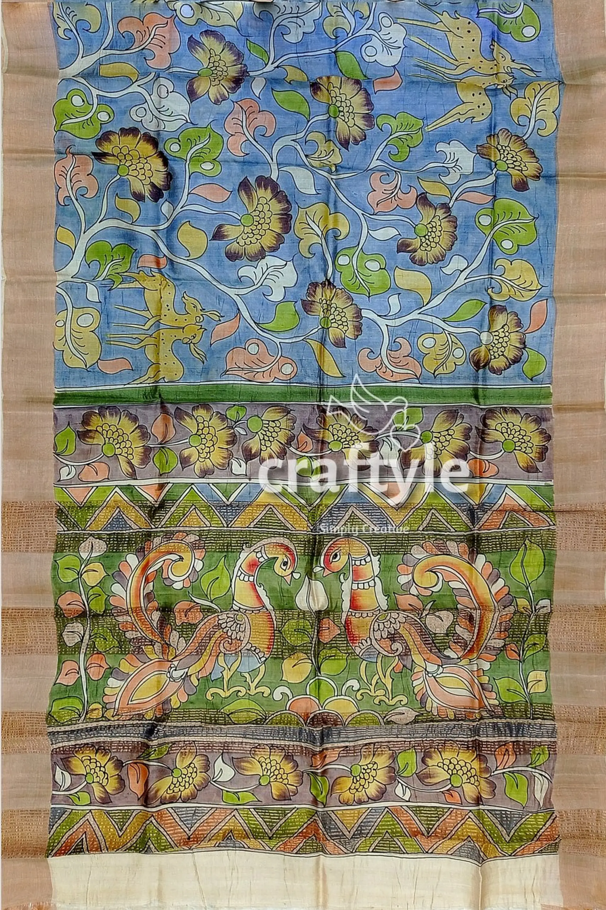 Sky blue tussar kalamkari saree with zari border - hand painted pure fabric hand-painted silk saree floral peacock 6