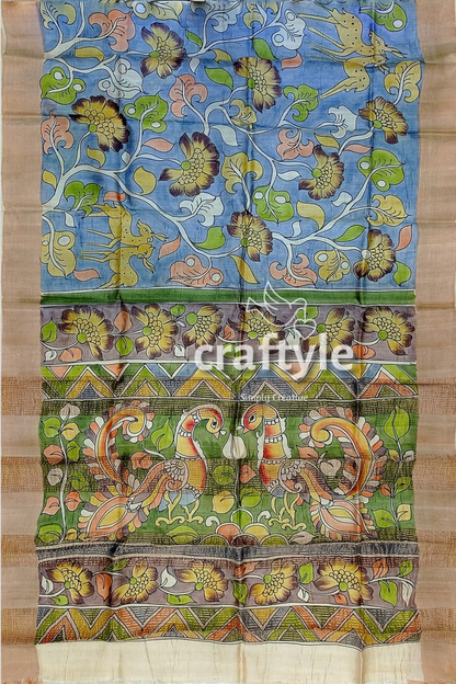 Sky blue tussar kalamkari saree with zari border - hand painted pure fabric hand-painted silk saree floral peacock 6