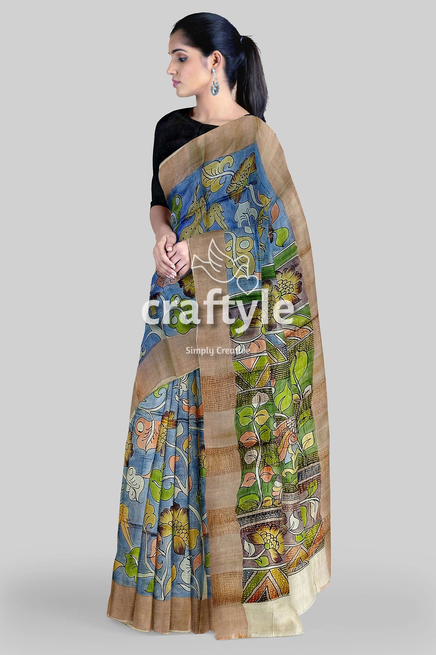 Sky Blue Tussar Kalamkari Saree with Zari Border - Hand Painted Pure Tussar Fabric - Craftyle