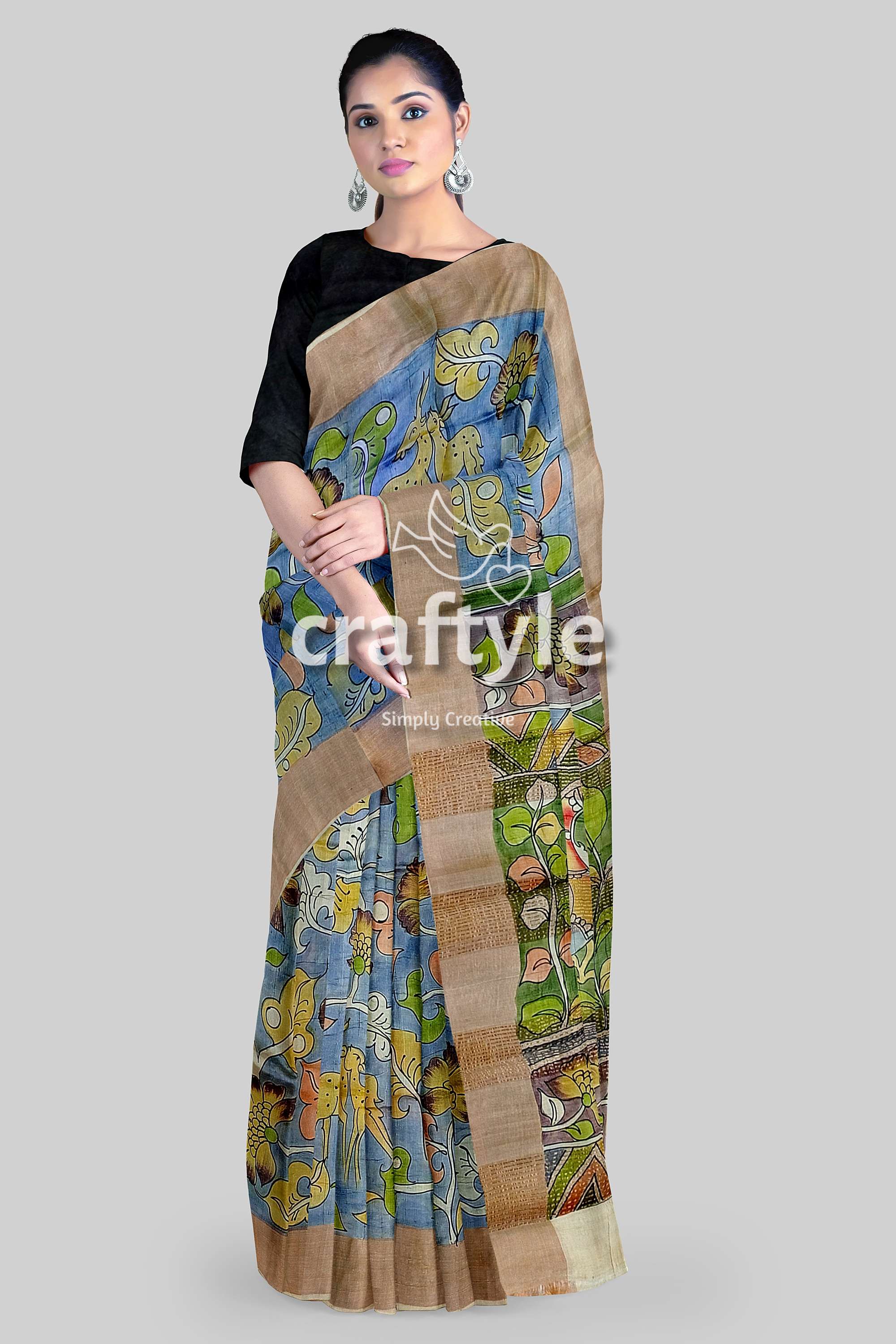 Sky Blue Tussar Kalamkari Saree with Zari Border - Hand Painted Pure Tussar Fabric - Craftyle