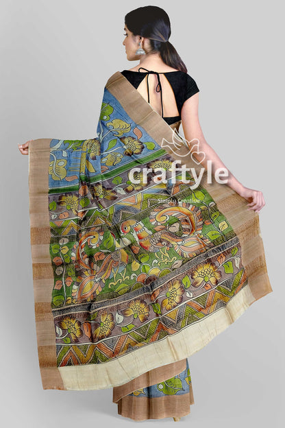 Sky Blue Tussar Kalamkari Saree with Zari Border - Hand Painted Pure Tussar Fabric - Craftyle