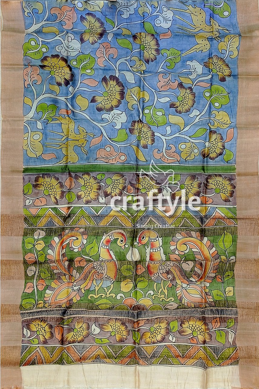 Sky Blue Tussar Kalamkari Saree with Zari Border - Hand Painted Pure Tussar Fabric - Craftyle