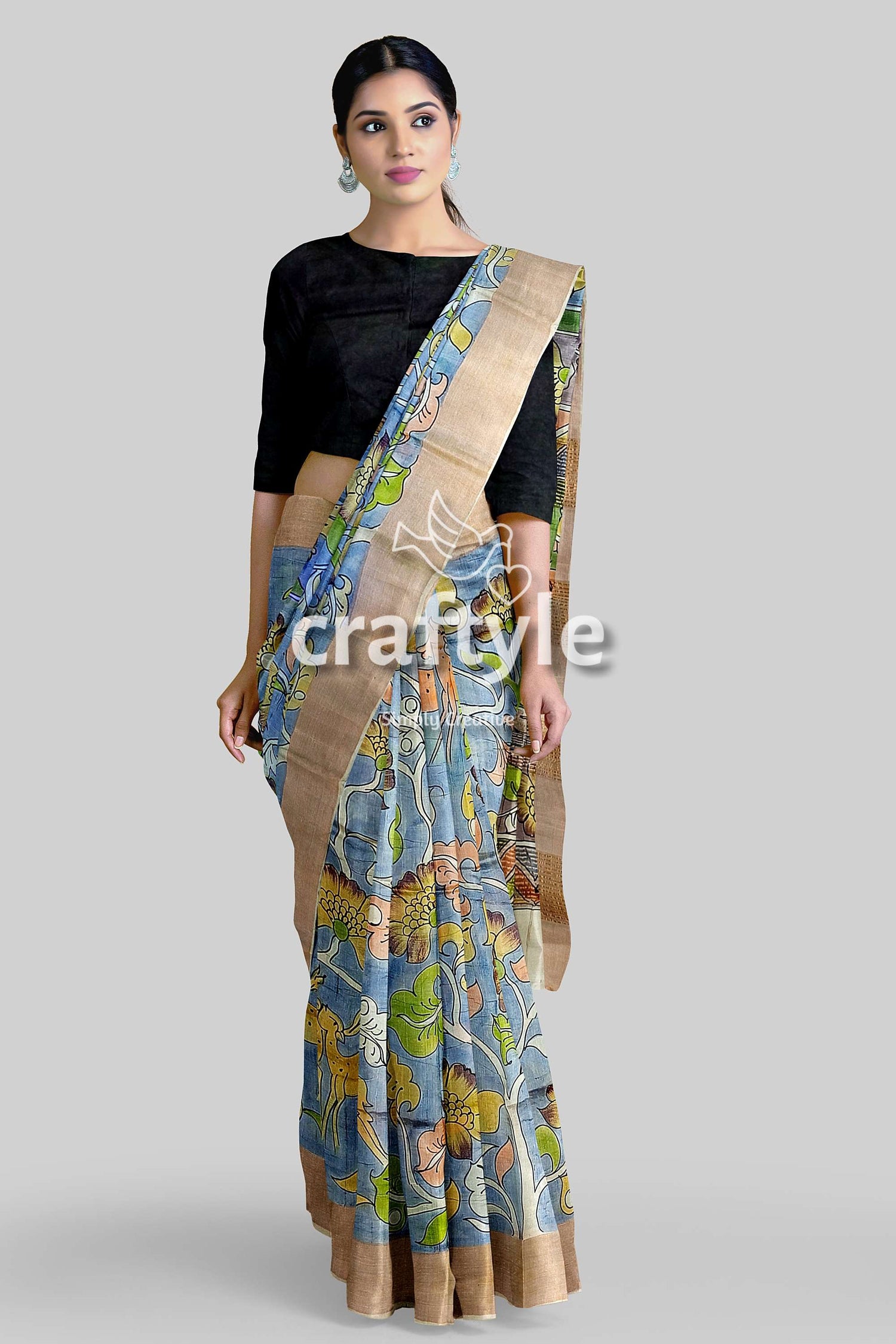 Sky Blue Tussar Kalamkari Saree with Zari Border - Hand Painted Pure Tussar Fabric - Craftyle