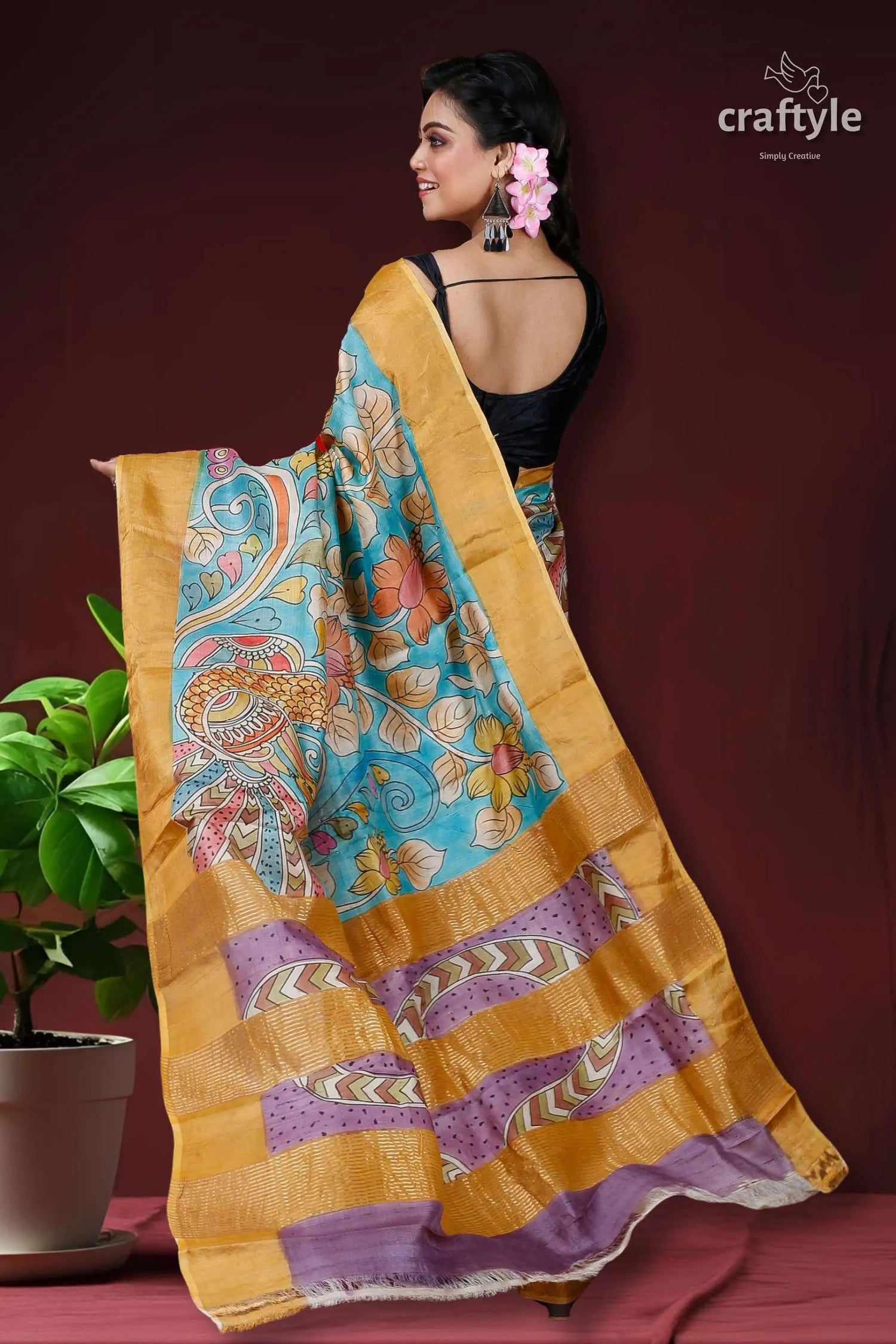 Sky blue &amp; violet handmade zari pure tussar kalamkari design saree floral-patterned saree golden border 4
