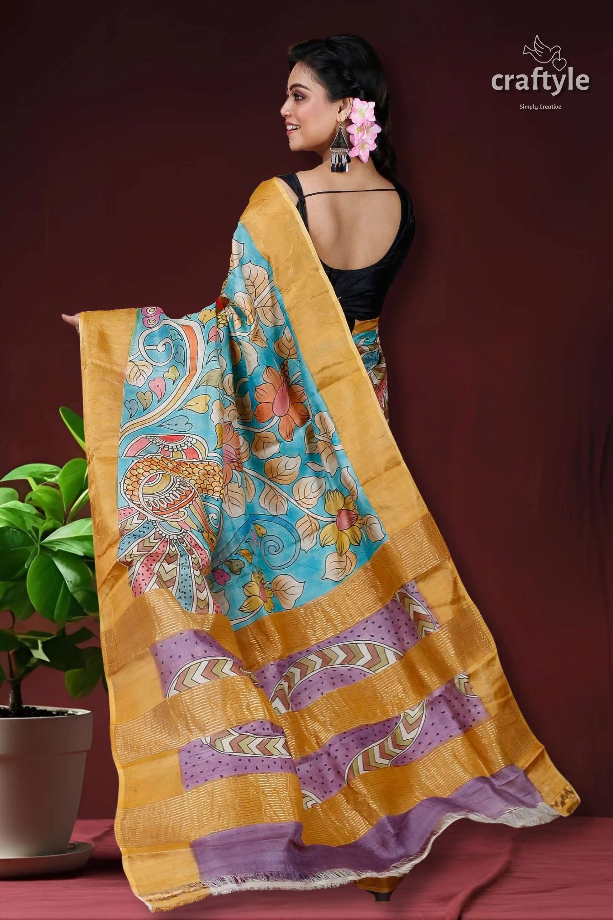 Sky blue &amp; violet handmade zari pure tussar kalamkari design saree floral-patterned saree golden border 4