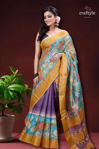 Sky blue &amp; violet handmade zari pure tussar kalamkari design saree elegant blue purple saree 3