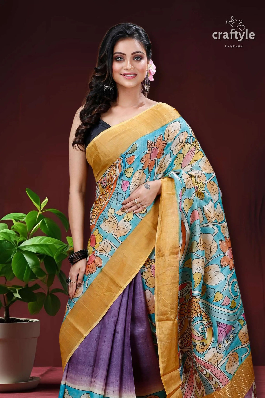 Sky blue &amp; violet handmade zari pure tussar kalamkari design saree woman blue purple saree floral 2
