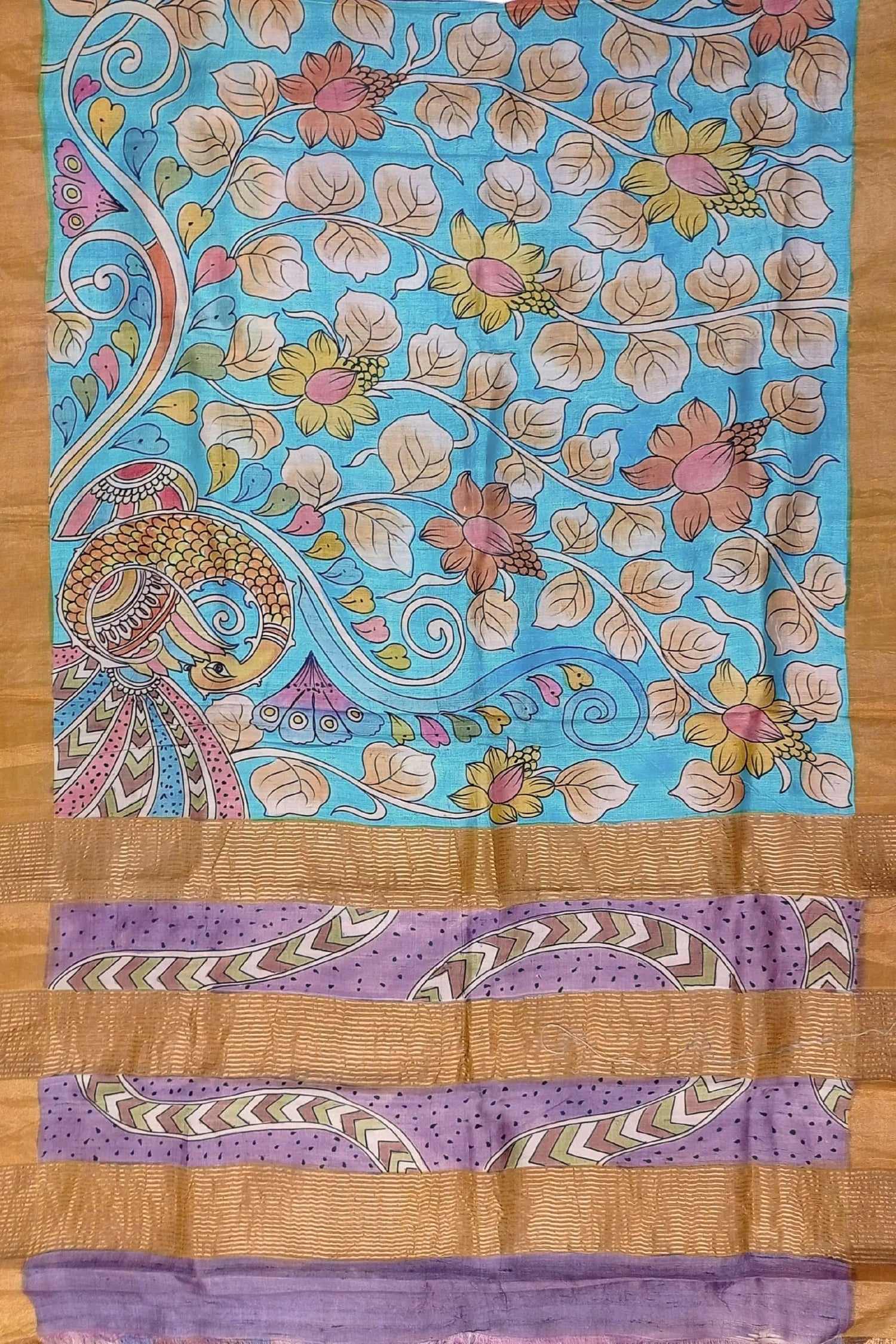 Sky blue &amp; violet handmade zari pure tussar kalamkari design saree floral peacock patterned saree 5