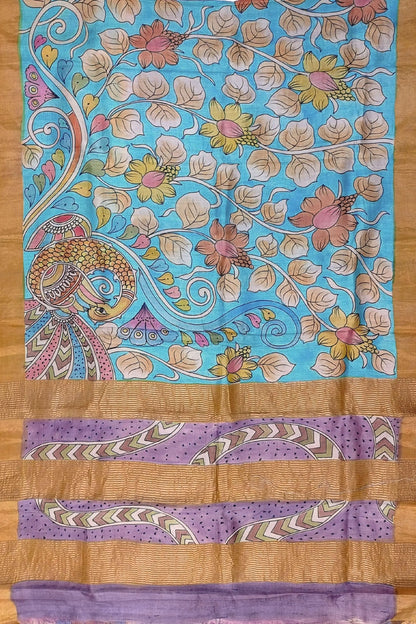 Sky blue &amp; violet handmade zari pure tussar kalamkari design saree floral peacock patterned saree 5