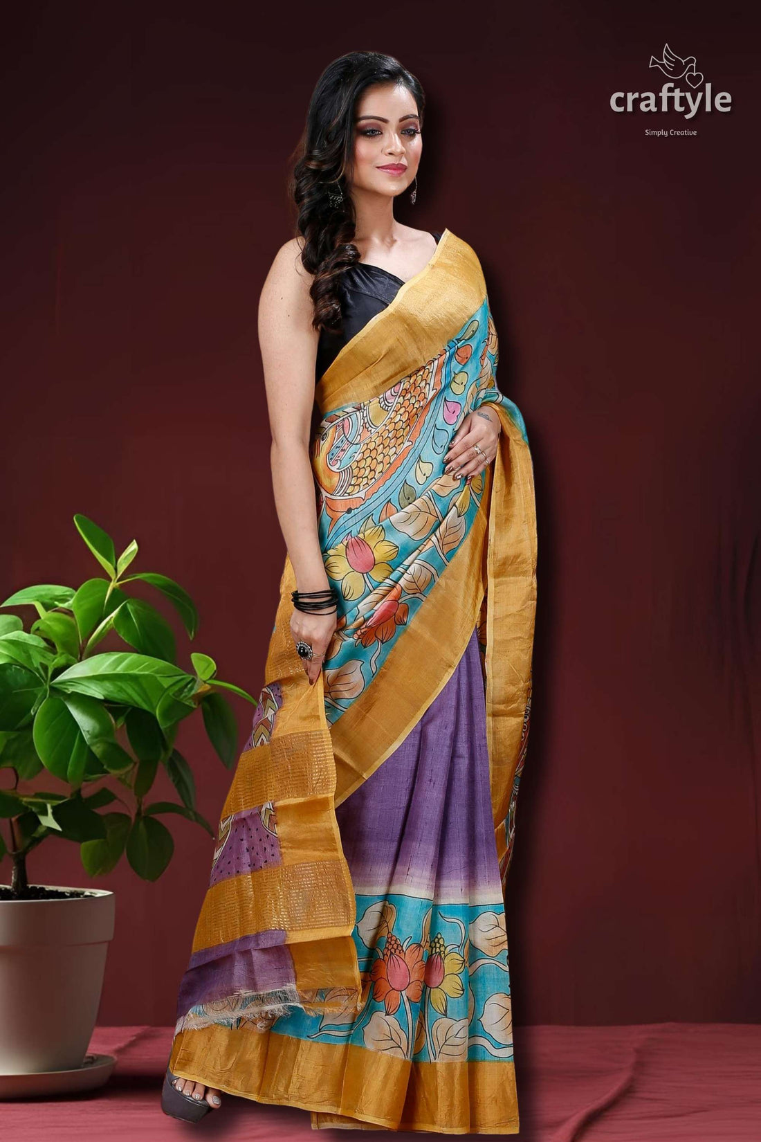 Sky Blue &amp; Violet Handmade Zari Pure Tussar Kalamkari Design Saree-Craftyle