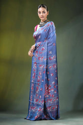 Slate blue handcrafted shakuntala motif kantha silk saree intricate red white 3