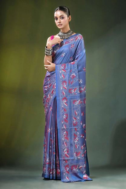 Slate blue handcrafted shakuntala motif kantha silk saree woman wears 6
