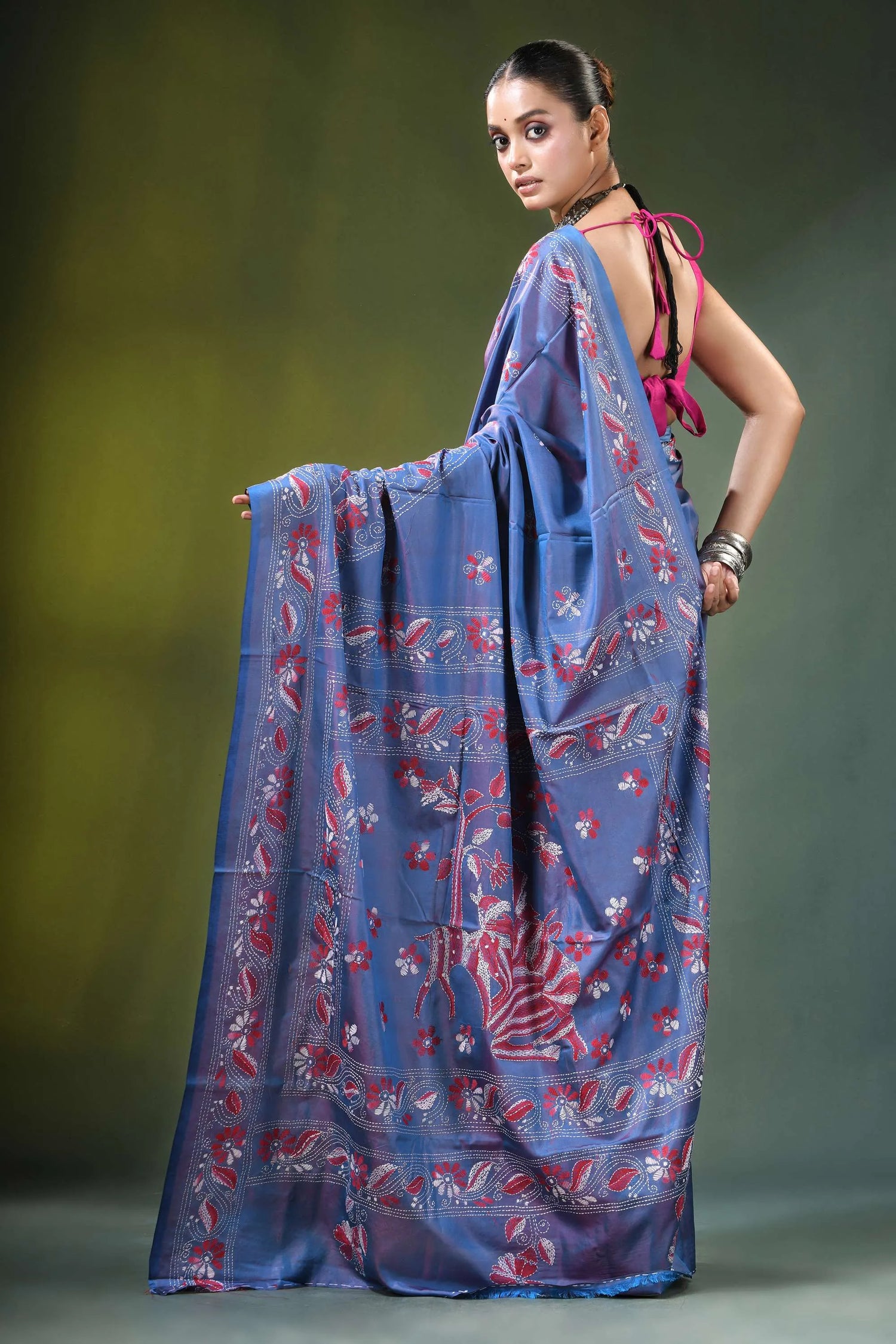 Slate blue handcrafted shakuntala motif kantha silk saree woman wears 5