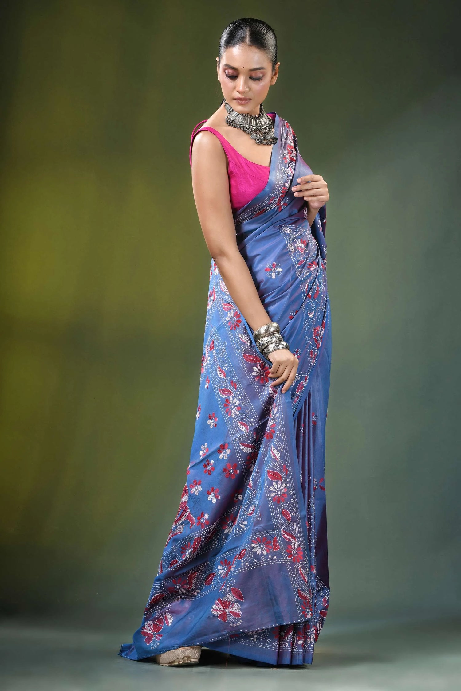 Slate blue handcrafted shakuntala motif kantha silk saree woman wears vibrant 4