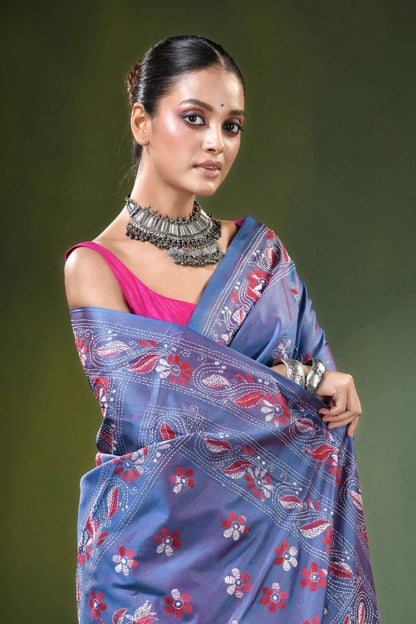 Slate blue handcrafted shakuntala motif kantha silk saree woman wears 2