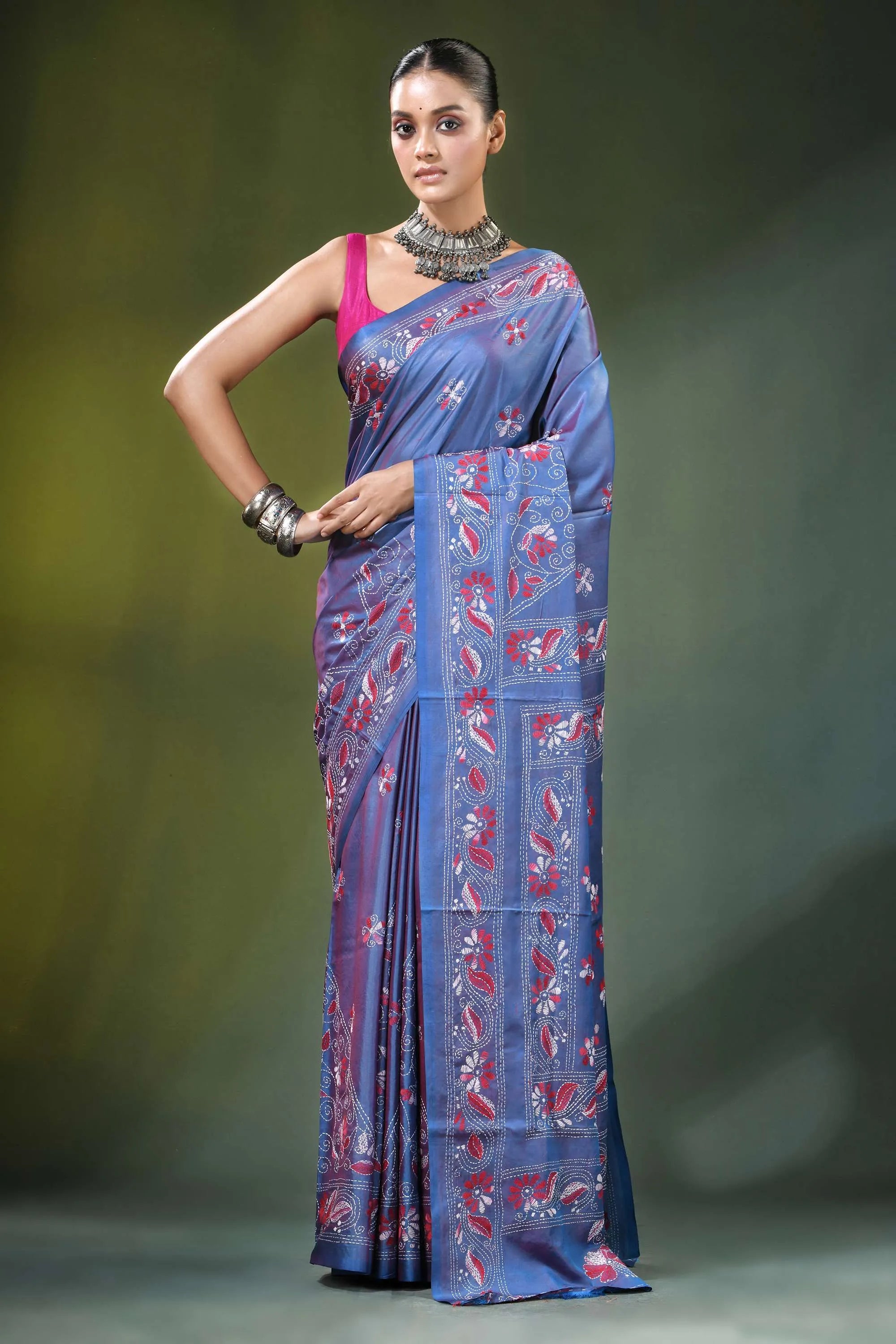 Slate blue handcrafted shakuntala motif kantha silk saree woman wears 1