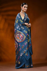 Slate blue handmade silk kantha saree with fish and floral motifs 4