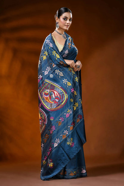 Slate blue handmade silk kantha saree with fish and floral motifs 4