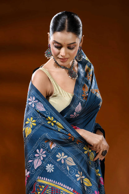 Slate blue handmade silk kantha saree with fish and floral motifs 2