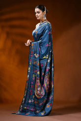Slate blue handmade silk kantha saree with fish and floral motifs 3